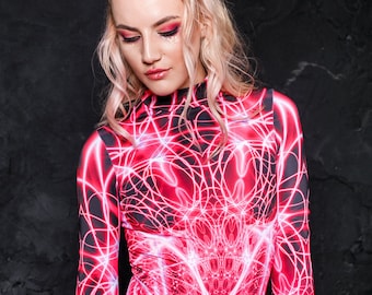 Pink Lightning Catsuit, UV Glow Rave Catsuit, Burning Man Adult Costume, festival catsuit for women, spandex catsuit, rave gear, rave wear