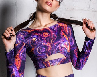 Festival Long Sleeve Top, rave cropped top, sexy cut out crop top, psychedelic clothing, festival outfit, rave gear, rave matching set