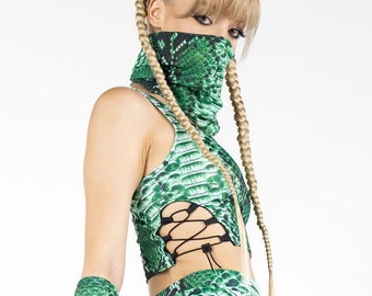 Green Snakeskin Lace Up Crop Top, snake print cut-out crop top, rave matching mini skirt sets, animal rave outfits, animal print clothing