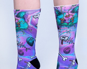 Cat Socks, Cute Socks, Purple Crew Length Socks, Pet Socks, Fish Skeleton Socks, Graphic Socks, Printed Socks, Funky Socks, Art Socks