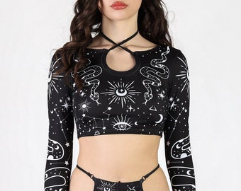 Top corto gótico negro de manga larga con orificios para los pulgares, top estampado de serpientes, conjunto gótico, conjunto de 2 piezas, ropa alternativa de tallas grandes, ropa de bruja
