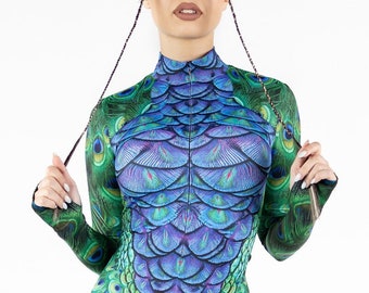 Peacock Costume, adult animal Halloween costumes, animal one-piece bodysuit, animal print clothing, Burning Man costumes, aerial costume