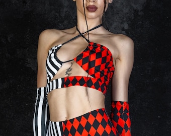 Top corto de arlequín con cuello halter, top corto a cuadros con aberturas, top corto de Halloween para mujer, disfraz de Halloween de dos piezas para adultos, disfraz de cosplay sexy