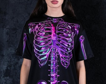 Chemise squelette violette, costume d'Halloween rave, t-shirt graphique squelette, costume de couple d'Halloween, tenue rave, t-shirt rave pour femme