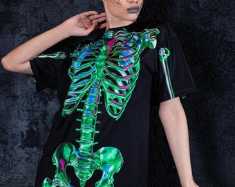 Grünes Skelett-T-Shirt Kleid, sexy Halloween-Outfit, Skelett-Grafik-T-Shirt, Halloween-Kostüm, Rave-Outfit, Rave-T-Shirt für Frauen