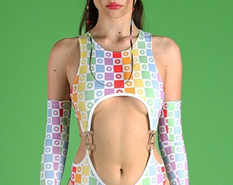 2 Piece Rainbow Bodysuit, cutout bodysuit, rave bodysuit, festival open front and back bodysuit, rave party outfits, women's pride clothes