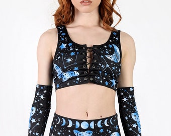 Top gótico con encaje, top gótico tipo sujetador, top de fiesta con mariposas, ropa gótica para rave, atuendo para festivales, ropa de bruja, ropa alternativa