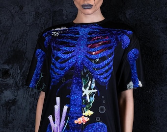 Sea Skeleton Tshirt dress, skeleton Halloween outfit, skeleton graphic tee, blue skeleton shirt for women, polyester long tshirt