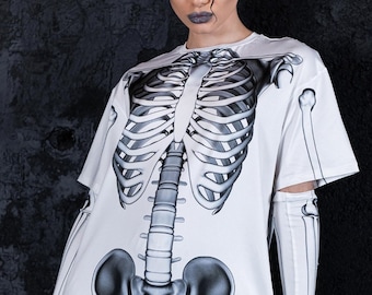 Skeleton T-shirt for Women, white Halloween shirt with bones, skeleton graphic tee, sexy Halloween outfit, goth outfit, gothic clothing