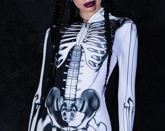 Black and White Skeleton Costume, women Halloween costume, sexy hooded Halloween costume, skeleton catsuit, skeleton bodysuit for women