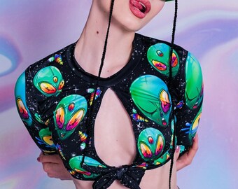 Alien Tie Front Crop Top, crop tops för kvinnor, sexig sommartopp, söta crop tops, rave crop top, festival tvådelat set, alienkläder