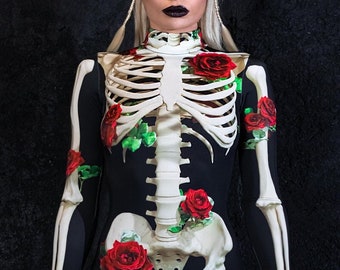 Disfraz de Halloween para mujer, disfraz de esqueleto de una pieza con rosas, disfraz de Día de Muertos, body de esqueleto, disfraz de adulto de Halloween