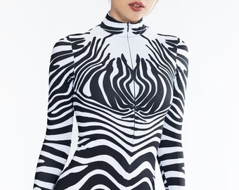 Zebra-Kostüm für Damen, Tier-Halloween-Kostüm, Zebra-Einteiler-Bodysuit-Kostüm, Tierdruck-Kleidung, Schwarz-Weiß-Luftkostüm