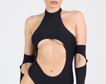 All Black Open Back Bodysuit, cut out bodysuit, open front bodysuit, black rave outfit, plus size bodysuit, arm warmers, pool party outfit