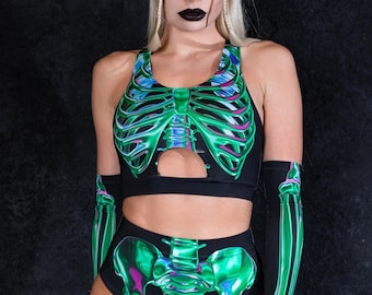 Green Skeleton Crop Tops para mujer, top de cultivo rave, top recortado de festival, top de cultivo sexy de Halloween, ropa rave, conjunto de 2 piezas, ropa de festival