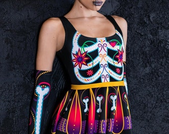 Vestido de patinadora del Día de Muertos, vestido mexicano con huesos y flores, vestido de esqueleto para Halloween, vestido con espalda descubierta, minivestido circular