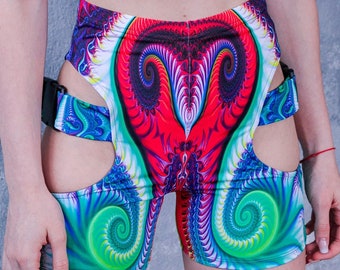 Shorts de ciclista con cortes verdes, shorts psicodélicos para rave, outfit para rave para mujer, shorts de cintura alta para festival, shorts de spandex con hebilla, ropa para rave
