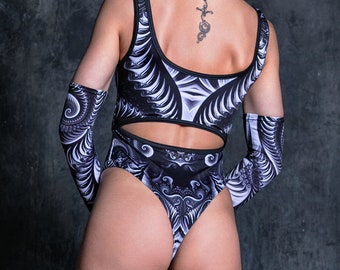 Rave Outfits, Thong Bodysuit, Black High Cut Bodysuit, Rave Bodysuit Women, Cut Out Bodysuit in Black Print, Rave Clothing, Festival Outfit