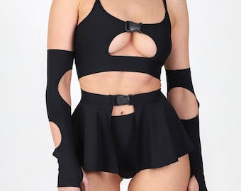 Traje Rave Negro, Falda Cinturón Negro, minifalda negra, conjunto de falda negra de dos piezas, conjunto de pantalones cortos y falda, ropa de festival, ropa rave