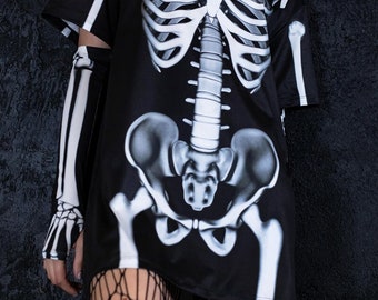 Skelett Shirt für Frauen, schwarzes Halloween-T-Shirt mit weißen Knochen, sexy Skelett-Kostüm für Paare, Gothic-Outfit, Skelett-Grafik-T-Shirt