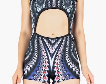Rave Cut Out Romper Shorts, Psychedelic Print High Neck Bodysuit, Cutout Leotard, Sexy Backless One-Piece, Rave Outfit, Party Romper