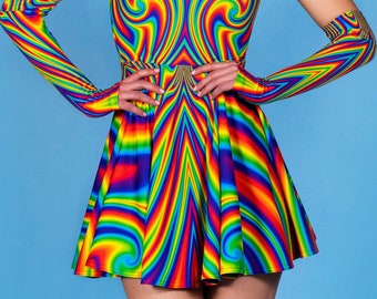 Rainbow Dress, summer skater dress, rainbow circle dress, party dress, pride outfit, rave backless dress, festival clothing, rave outfit