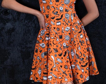 Halloween Skater Dress, orange skater dress, cute women dress, open back dress, spooky dress, printed dress