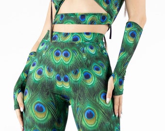 Peacock Disco Pants, printed animal high-waisted pants, peacock flare bell bottom pants, rave wide leg pants, festival clothing, rave outfit