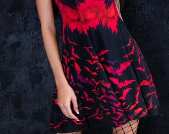 Goth Skater Dress, printed Halloween dress with bats, cute spooky dress for women, open back dress, women Halloween outfit, witchy clothing