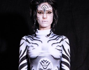 Zebra Print Bodysuit, Long Sleeve Bodysuit, Halloween Costume Women, Sexy Animal Bodysuit, Black and White Festival Bodysuit, leotard