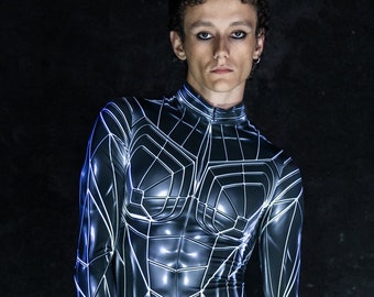 Disfraz de Halloween de ciencia ficción para hombre, disfraz de Halloween para parejas, disfraz ciberpunk, disfraz futurista, disfraz metálico estampado