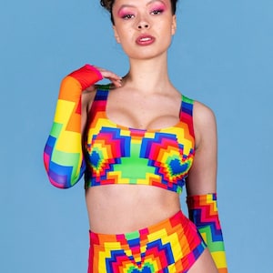 Rainbow Bra Top, pride crop top, pixelated crop top for women, rainbow bra top, pride outfits, LGBTQ, rave matching set, rave outfit