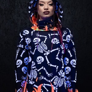 Fire Hoodie with Skeletons, Halloween Hoodie Dress, Flame Long Hoodie for Women, Cool Graphic Hoodie, Glow in the Dark Hoodie. Spooky Hoodie