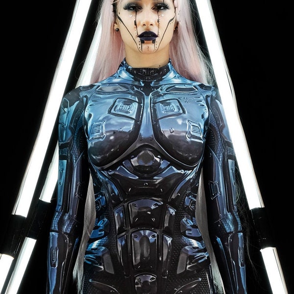 Disfraz de robot negro, disfraz de Halloween para mujer, disfraz de cosplay, body anime, ropa futurista, disfraces de Halloween para adultos