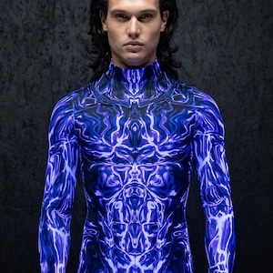 Elektrisch kostuum, Halloween-kostuum heren, kostuums voor koppels, futuristisch kostuum, duokostuum, outfit paars rave, paarse bodysuitkostuum