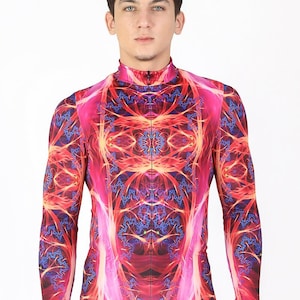 Costume da festival maschile, costume da rave per uomo, tuta da rave per uomo, costume da uomo con luce nera, vestito da rave rosa per uomo, costume da neon in spandex