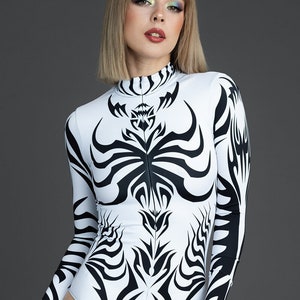 White Bodysuit, long sleeve bodysuit for women, tribal clothing, sexy rave bodysuit, rave outfit, aerial bodysuit, printed bodysuit