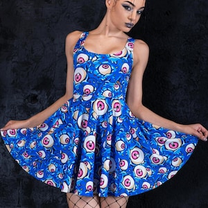 Blue Skater Dress with Eyes, Halloween dress, pastel goth dress, open back dress, circle mini dress, spooky cute dress, DevilWalking