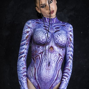 Alien Long Sleeve Bodysuit, Rave Halloween Bodysuit, Cosplay Bodysuit, Printed Aerial Bodysuit for Women, Zip Up Bodysuit from Spandex