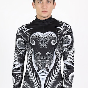 Costume da rave in bianco e nero per uomo, vestito da festival per uomo, tuta nera psichedelica per uomo, costume da festival per uomo a figura intera, costume da uomo in spandex