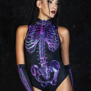 Skeleton Rave Outfit, Purple Skeleton Sleeveless Bodysuit for Women, Skeleton Halloween Bodysuit for Rave, Skeleton Front Zipper Leotard