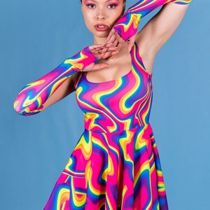 Rave Skater Dress, rainbow skater dress, cute circle dress, printed skater dress, pride clothing, short open back dress, rainbow rave outfit