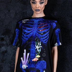 Sea Skeleton Tshirt dress, skeleton Halloween outfit, skeleton graphic tee, blue skeleton shirt for women, polyester long tshirt