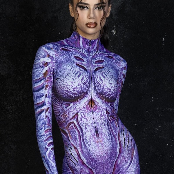 Disfraz de alienígena morado para mujer, disfraz de Halloween de piel alienígena, disfraces de Halloween de ciencia ficción, disfraz de cosplay de cuerpo completo, disfraz de una pieza de ciencia ficción