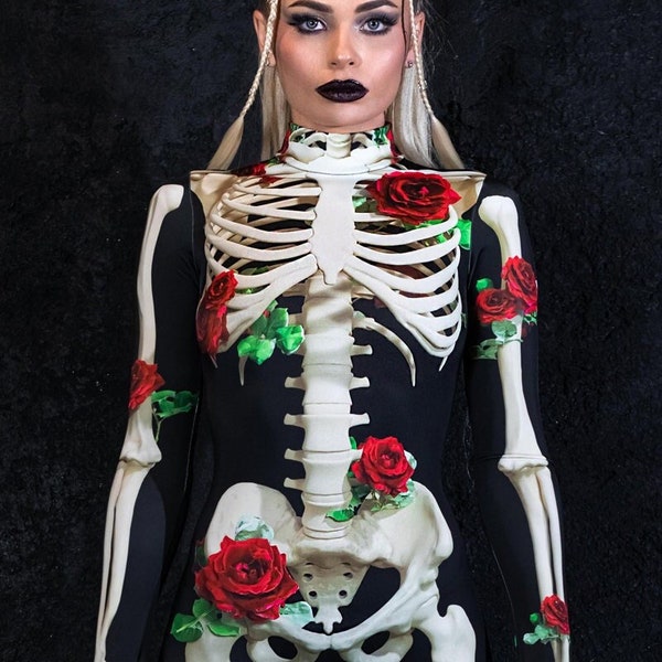 Halloween-Kostüm für Damen, einteiliges Skelettkostüm mit Rosen, Tag der Toten Kostüm, Skelett-Body, Halloween-Erwachsenenkostüm