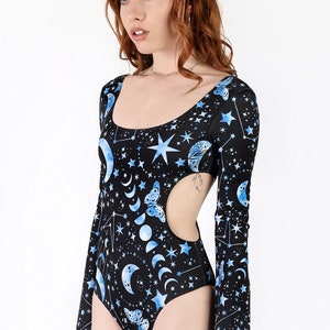 Celestial Bodysuit with Side Cut Out, long sleeve goth bodysuit, goth rave outfit, gothic clothing, witchy spandex bodysuit, festival outfit