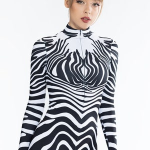 Zebra Costume for Women, animal Halloween Costume, zebra one piece bodysuit costume, animal print clothing, aerial black and white costume