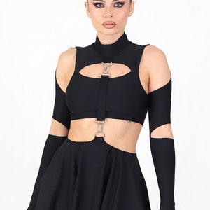 Futuristic Black Cut Out Mini Dress, Black Pleated Skater Dress, Cold Shoulder Short Dress, High Neckline Party Dress, black rave outfit