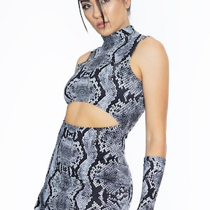 Snakeskin Mini Dress, snake bodycon dress, cutout dress with high neckline, animal sheath dress, snake  print clothes, animal print clothing