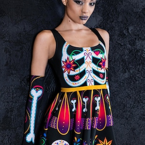 Day of the Dead Skater Dress, Mexican dress with bones and flowers, skeleton dress for Halloween, open back dress, circle mini dress